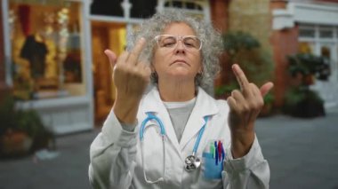 Şehir sokaklarında steteskoplu beyaz önlüklü yaşlı, gri saçlı bir kadın isyankar bir jest sergiliyor..