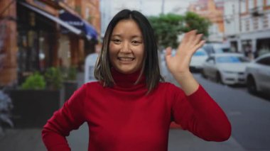 Canlı bir sokak ortamında gülümseyen, kırmızı kazak giyen genç ve enerjik bir cazibe saçan bir kadın arka planda kentsel unsurlarla kameraya mutlu bir şekilde el sallıyor..