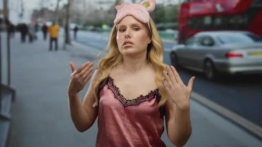 Pembe gecelikli genç bir kadın gündüzleri hareketli bir şehir sokağında başında uyku maskesiyle dikiliyor..