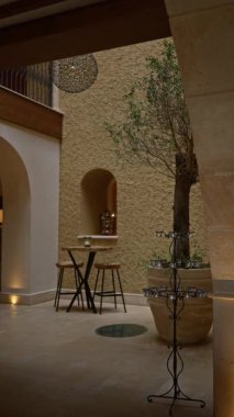 Akdeniz avlusunda taştan duvarları, rahat sandalyeleri ve sakin bir restoran atmosferi yaratan bir zeytin ağacı olan kırsal bir mimari bulunuyor.