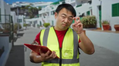 Şehir caddesinde duran genç adam elinde bir not panosu tutarken sarı bir güvenlik yeleği giyiyor ve düşünceli bir ifadeyle hareket ediyor..