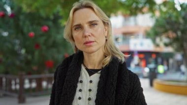 Şehir parkında sessiz bir jest yapan, sarı saçlı, siyah kazaklı, açık şehir ortamında sakin ve güzel bir kadın..