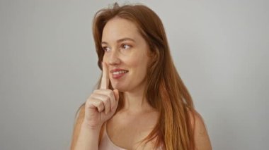 Beyaz arka planda sessizce gülümseyen bir kadın izole edilmiş duvarda sakin, arkadaş canlısı, kızıl saçlı, çekici bir kadın..