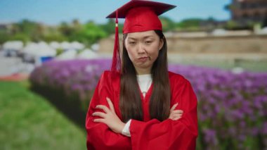 Kırmızı mezuniyet elbisesi giymiş, kolları açık bir parkta çaprazlanmış, hoşnutsuzluğunu ifade eden, çiçekler ve yeşilliklerle çevrili bir kadın..