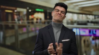 Genç adam modern bir alışveriş merkezinde el çırpıyor, kapalı bir alışveriş ortamında dinamik bir jest ve duygu sahnesi yaratıyor.