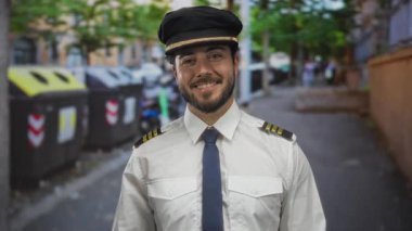 Güneşli bir günde arka planda ağaçlarla ve geri dönüşüm kutularıyla sokakta gülümseyen sakallı genç bir adam pilot şapkası ve açık hava kentsel manzara kravatı takıyor.