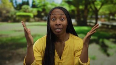 Güneşli bir parkta sürpriz yapan, parlak sarı bir gömlek giyen, arka planda yemyeşil ağaçlar olan, açık hava ortamında neşe ve canlılığı somutlaştıran bir kadın..