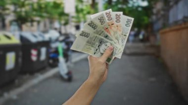 Geri dönüşüm kutularının yakınındaki bir sokakta, para ve çevre odaklı şehir merkezinde beyaz bir erkek resmedilmiş, el ele tutuşan koruna banknotları..