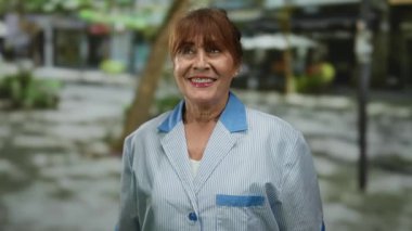 Kıdemli İspanyol kadın bir şehir sokağında gülümsüyor, gündüz vakti neşeli bir ifade ve profesyonel üniforma sergiliyor..