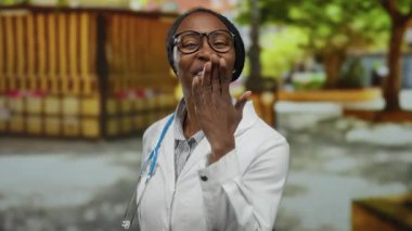 Beyaz önlüklü ve steteskoplu Afrikalı Amerikalı bir kadın güneşli bir parkta öpücükler yolluyor..