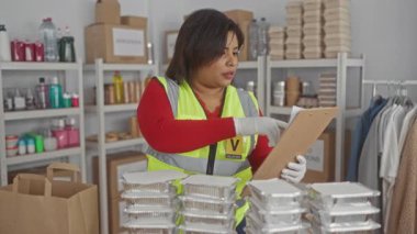 Yansıtıcı yelek giyen gönüllü bir kadın bağış merkezinde yiyecek paketliyor..