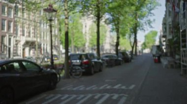 Güneşli bir günde güneşli bir günde Amsterdam caddesinde park halindeki arabaların manzarası bozuluyor ve kaldırımda yemyeşil ağaçlar uçuşuyor..