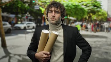 Şehir merkezinde elinde arabalı kağıt tüplerle duran ve güneşli bir günde arka planda insanları bulanıklaştıran bir adam.