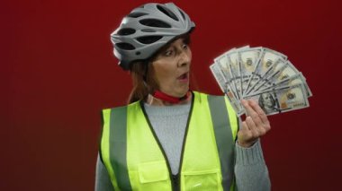 Bisiklet kaskı ve güvenlik yeleği giyen yaşlı kadın, Amerikan banknotlarının hayranı ve kırmızı duvara karşı hayret verici bir ifade sergiliyor..
