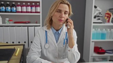 Tıbbi malzeme ve dosyalarla çevrili klinikte telefonu kullanan beyaz önlüklü kadın doktor, meşgul ifadeli profesyonel bir sağlık hizmeti ortamı sergiliyor.