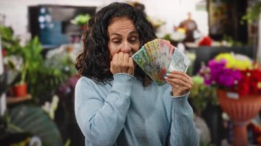 Kadın gergin bir şekilde elinde bir çiçekçi dükkanında, canlı çiçeklerle çevrili bir süveter giyerek dinamik ama endişeli bir iç mekan sahnesi yaratıyor..