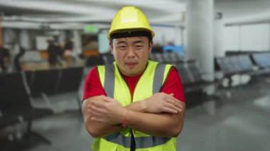 Asyalı adam, arka planda boş sandalyeler ve bulanık gezginlerle çevrili bir havaalanı terminalinde soğuktan titriyor..