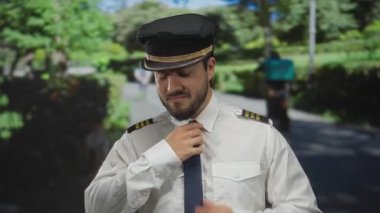 Genç İspanyol pilot yeşil bir parkta kravatını düzeltiyor. Üniforması ve şapkası var. Etrafında gür ağaçlar ve yürüyen uzak figürler var..