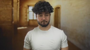 Sakallı genç İspanyol bir adam, geçmişi bulanık, eski üniversite binasının dışında şüphecilik gösteriyor..