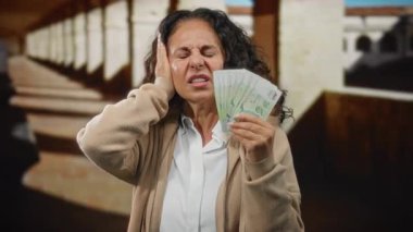 Üniversitede orta yaşlı bir kadın elinde Singapur banknotları tutarken akademik ortamda maddi stresin göstergesi olarak acı dolu bir ifade kullanıyordu..