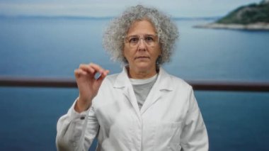 Kıvırcık gri saçlı ve gözlüklü yaşlı bir kadın sakin bir okyanus arka planının önünde duruyor, beyaz bir palto giyiyor, deniz kenarında dinginlik ve bilgelik hissi yayıyor..
