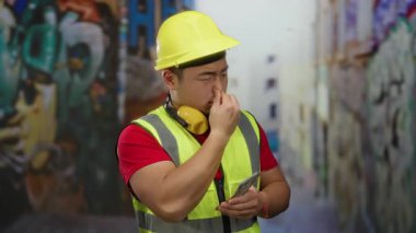 İnşaat malzemesi giymiş genç bir adam, elinde parayla bir şehir sokağında kötü kokudan rahatsız olduğunu söylüyor..