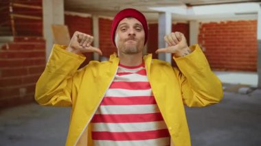 İnşaat alanında sarı yağmurluk ve kırmızı bere giyen kendine güvenen, çizgili gömlekli çekici bir adam..