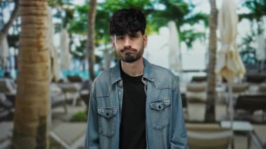 Sakallı, kot ceketli, terasta duran genç adam palmiye ağaçları arasında şüphesini dile getiriyor..