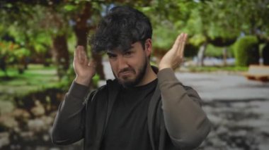 Sakallı genç adam yeşil bir park ortamında meraklı ve nişanlı halde dışarıda, gür ağaçların altında sıradan bir ceketle dolaşıyor..