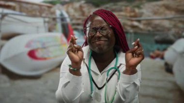 Gözlüklü ve kırmızı örgülü bir kadın deniz kenarında gülümsüyor parmakları çaprazlanmış, etrafı teknelerle çevrili açık deniz manzaralı, umut ve beklenti saçıyor..