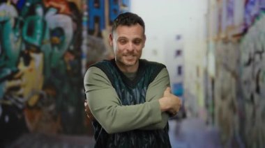 Kıvırcık saçlı genç adam, canlı bir şehir sokağında elleri ile davetkar bir şekilde el kol hareketi yapıyor..