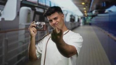 Bir yolcu gemisinde genç bir adam kamerayla şakacı hareketler yapar, açık hava macerasının ve boş zamanlarında yapılan seyahatlerin özünü yakalar, modern erkek stili ve ifadesini sergiler..