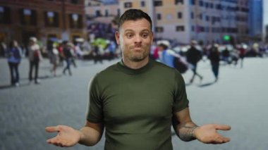 Kalabalık bir şehir sokağında, arka planda bulanık insanlar ve binalarla çevrili dövmeleri olan genç bir adam..