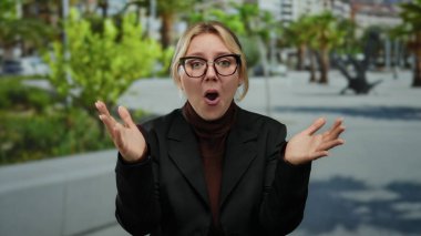 Açık hava parkında sürpriz yapan, gözlüklü ve siyah ceketli bir kadın yeşil ve şehir manzarasıyla çevrili beklenmedik bir duyguyu yakalıyor..