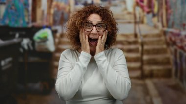 Canlı bir şehirde gülümseyen bir kadın gözlük ve beyaz gömlek takıyor, orta yaşlı, İspanyol, renkli şehir manzaralı bir sokakta mutluluğu ifade ediyor..