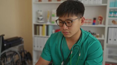 Klinikteki genç adam, sağlık sektöründe modern teknoloji kullanımına odaklanmış ekipmanlarla çevrili tıbbi giysiler içinde dizüstü bilgisayarda çalışıyor..