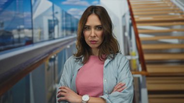 Bir yolcu gemisinin güvertesinde, kollarını kavuşturmuş pembe gömlek ve kot ceket giymiş, arka planda deniz ufkuna bakan merdivenlerle düşünceli bir yüz ifadesi sergiliyor..