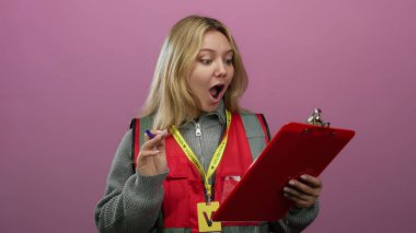 Sarı saçlı, sürpriz bir şekilde elinde pano ve kalem tutan genç gönüllü bir kadın izole edilmiş pembe duvar arka planına karşı duruyor.