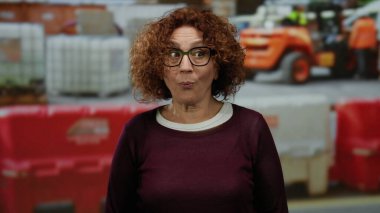 Gözlüklü orta yaşlı bir kadın, açık hava ortamında kırmızı bariyerler ve makinelerle çevrili bir inşaat alanında şaşkınlığını dile getiriyor..