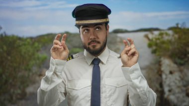 Açık havada yeşil bir parkta sakallı, pilot üniformalı genç bir adam etkileyici ve düşünceli bir duruş sergiliyor..