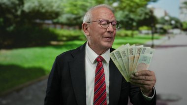 Parkta gülümseyen kıdemli işadamı elinde Czech Koruna banknotları, resmi bir ortamda finansal başarı ve mutluluğu somutlaştırıyor..