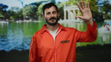 Turuncu tulumlu, sakallı, yeşil bir parkta ağaçlarla çevrili bir yerde elini kaldıran İspanyol bir adam..