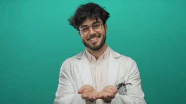 Sakallı ve gözlüklü genç adam kameraya doğru uzanan beyaz önlüklü yeşil bir arka plan, merak ve arkadaşlığın göstergesi..