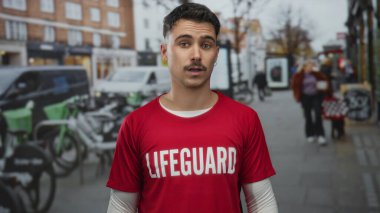Kırmızı tişörtlü genç İspanyol cankurtaran, arka planda bulanık trafik ve yayalar olan kalabalık bir sokak manzarasında duruyor..