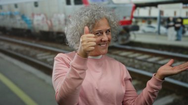 Tren istasyonunda gri saç hareketleriyle gülümseyen, pozitifliğini ifade eden, açık hava treninde günlük pembe giysiler giyen bir kadın..