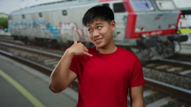 Kırmızı gömlekli genç adam arka planda demiryolu rayları olan yoğun bir tren istasyonundan beni arar ve dinamik bir şehir seyahati sahnesi yaratır..