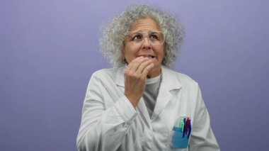 Beyaz önlüklü, gri saçlı, mor arkaplanlı, ağzı kapalı bir kadın..