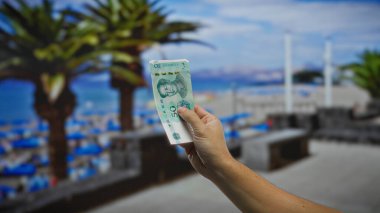 Güneşli bir sahil geçidinde el ele tutuşmuş Çin yuanı. Arka planda palmiye ağaçları ve okyanus var. Seyahat senaryolarındaki finansal konuları vurguluyor..