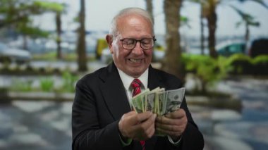 Takım elbiseli kıdemli adam şehir sokaklarında bize dolar sayıyor, şehir ortamında başarı ve zenginliği ifade ediyor..