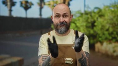 Açık şehir sokaklarında sakallı kel bir adam kahverengi tulumlu ve siyah eldivenli bulanık şehir arka planına karşı dövmelerini gösteriyor..